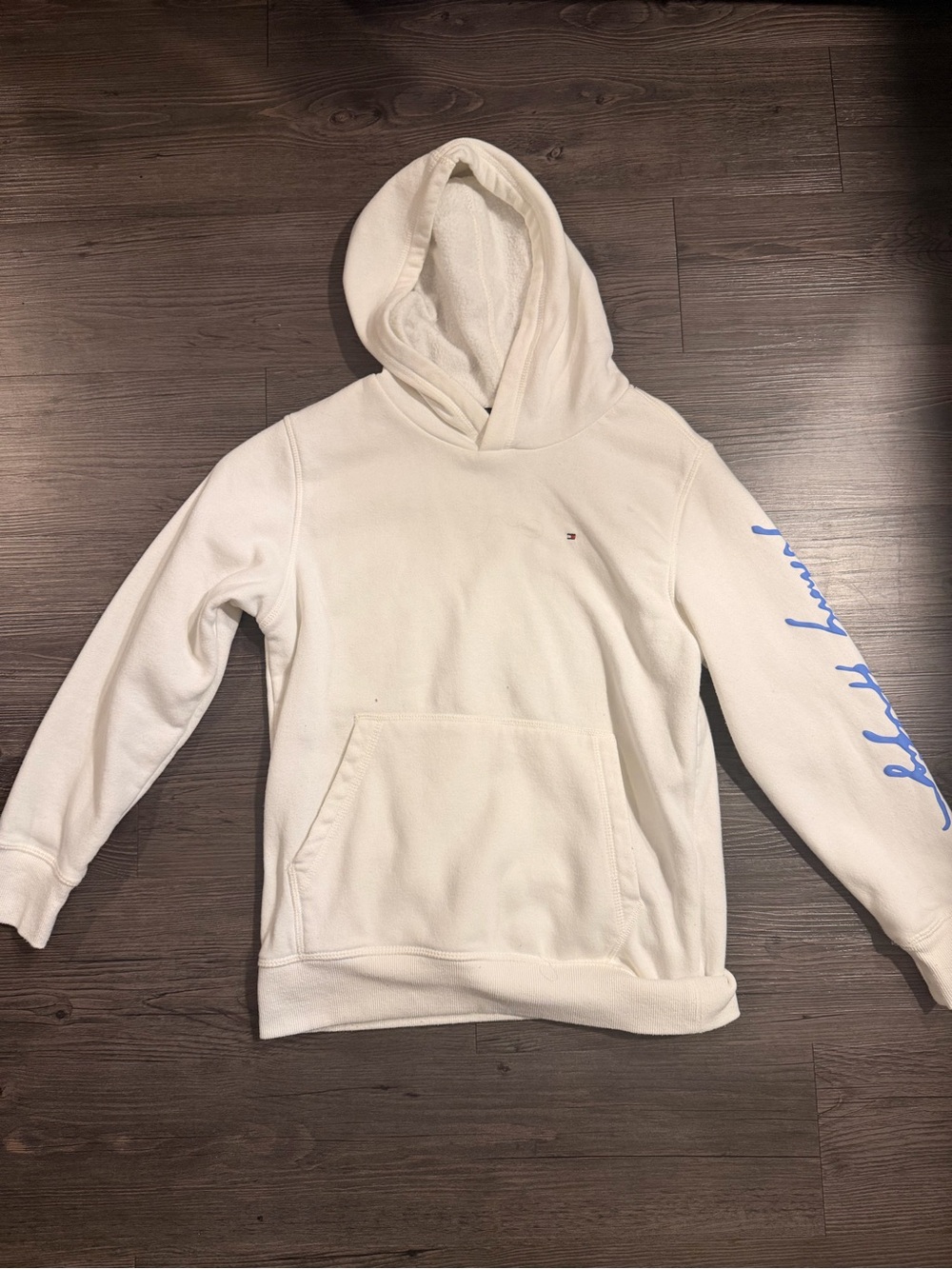 Tommy Hilfiger Cream Hoodie with Blue Sleeve Script